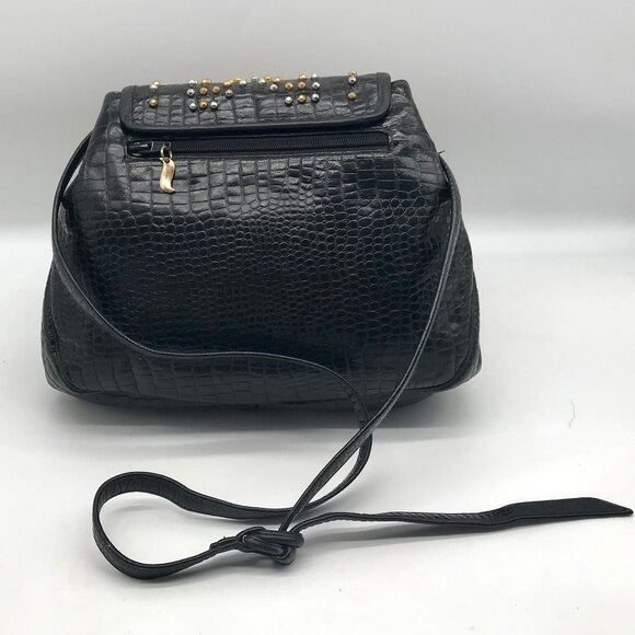 Sharif Vintage Black Croc Embossed Leather Studded Crossbody - Picture 2 of 12